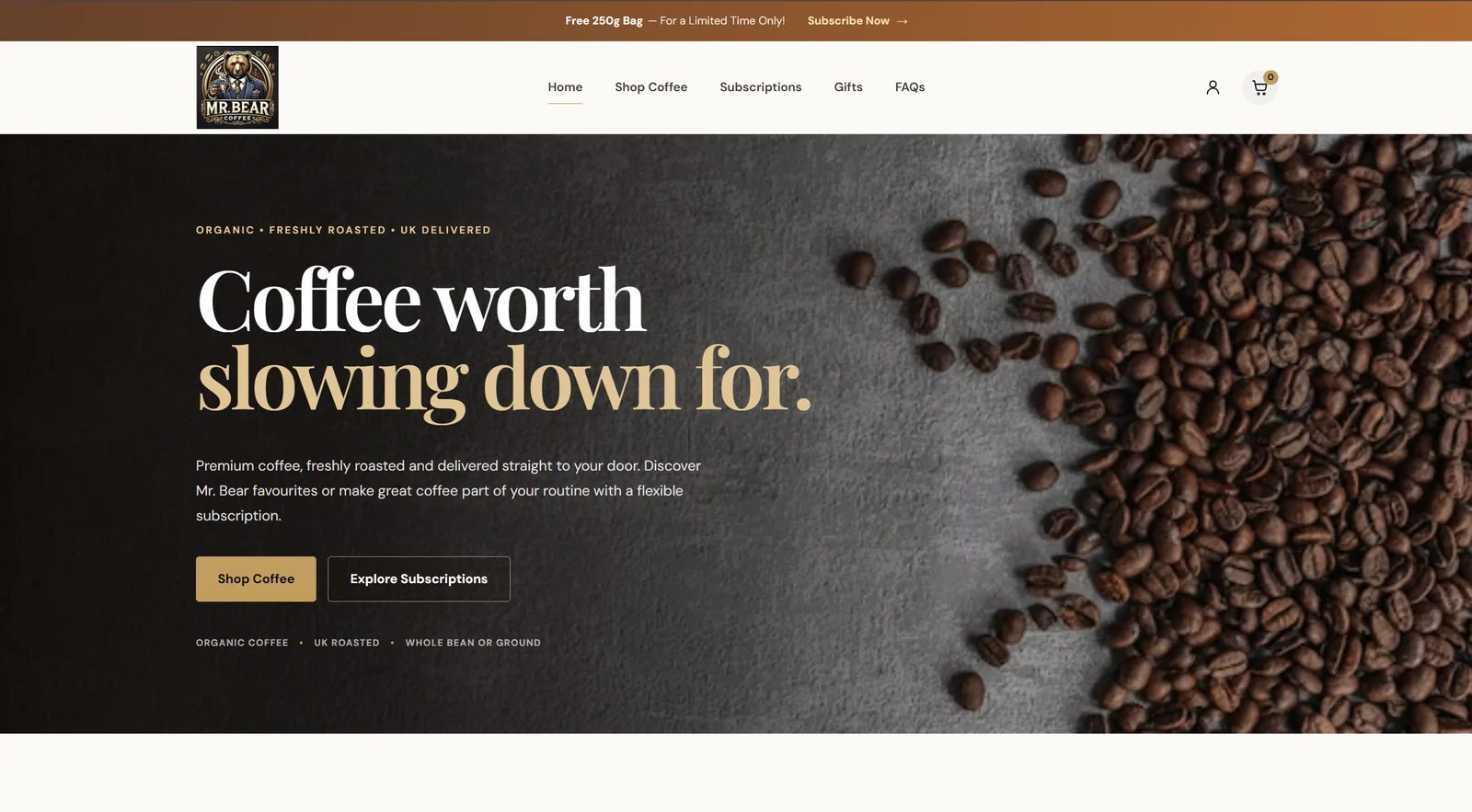 Mr. Bear Coffee website shown on desktop