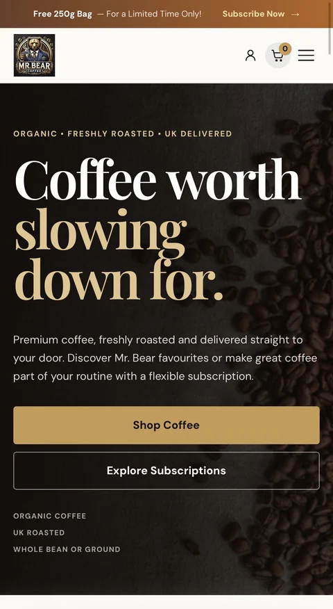 Mr. Bear Coffee website shown on mobile